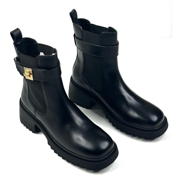 Steve Madden Gates Chelsea Boots Black Leather Womens 9.5M Buckle Lug New $140 - Picture 1 of 13